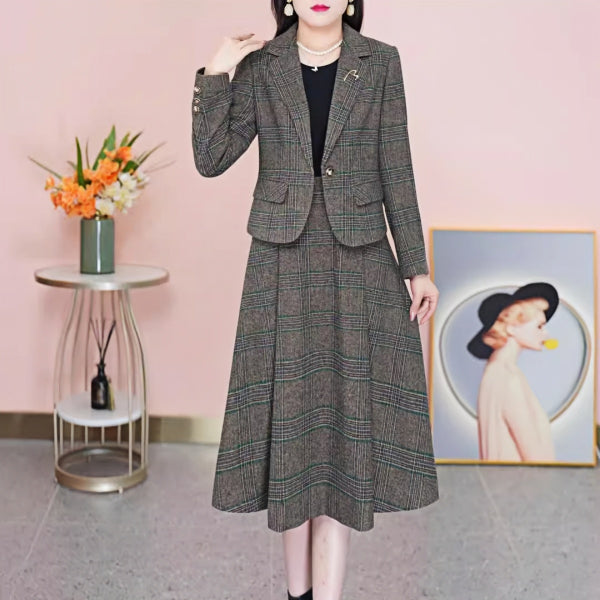 【AKCE 40% SLEVA】【M-5XL】2024 malá kostkovaná sukně slim temperamentní dvoudílný oblek-3834035