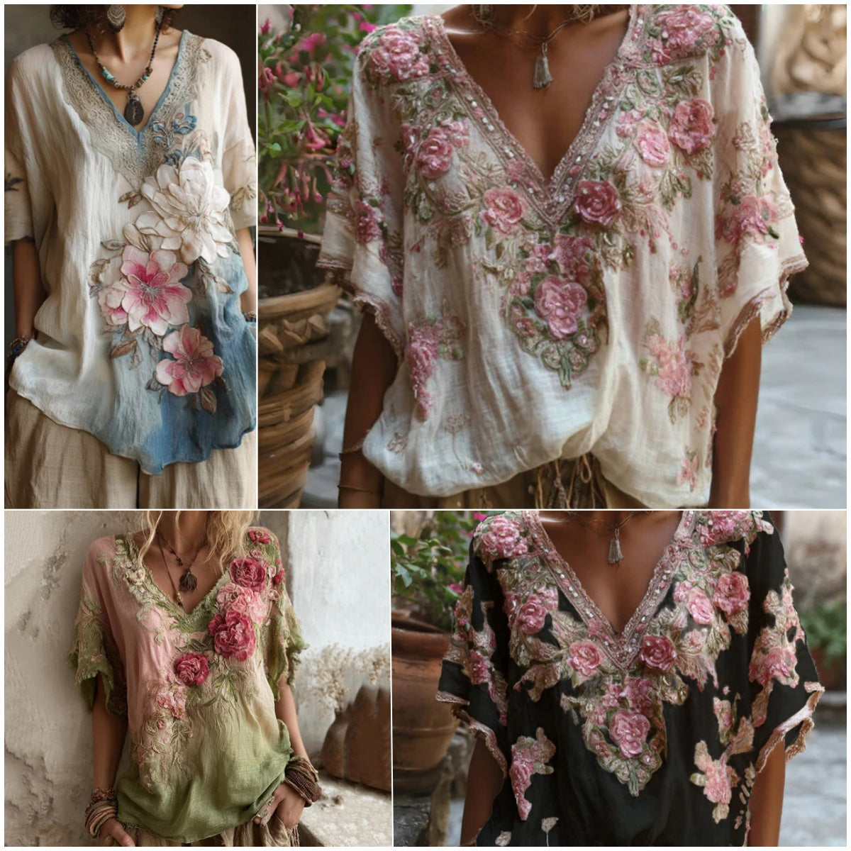 🌺【Omezená nabídka 】🔥Elegantní halenka s květinovým potiskem a hlubokým výstřihem do V 【S-4XL】