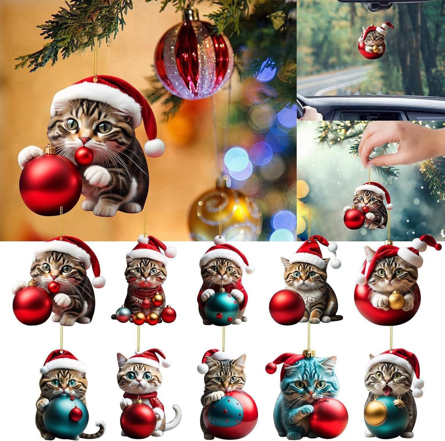🔥🐈【Купете 5, вземете 5 безплатно】🎄10 бр.😻 Орнаменти за коледно дърво Kitty. Висящи котешки орнаменти