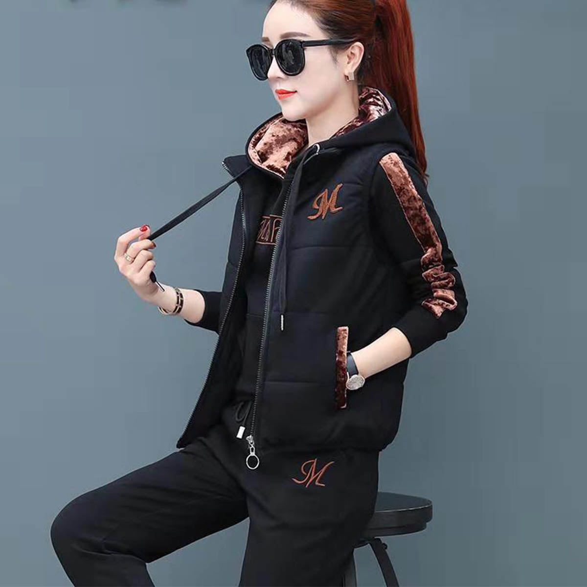 š„ćCalƧa + Camisola + ColetećMacacĆ£o feminino de veludo quente de novo estilo para desporto e lazer