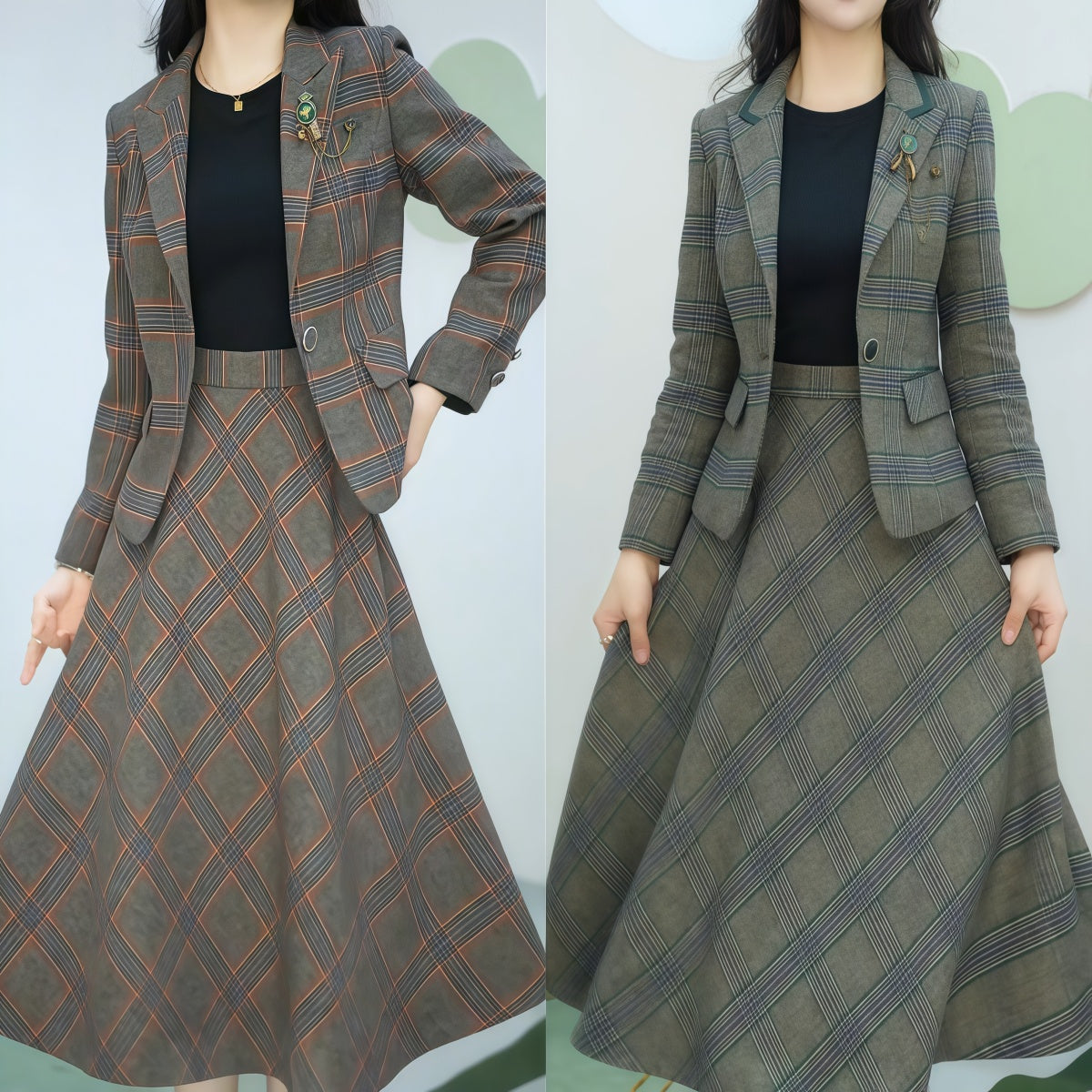 【AKCE 40% SLEVA】【M-5XL】2024 malá kostkovaná sukně slim temperamentní dvoudílný oblek-3834035