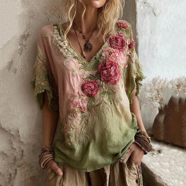 🌺【Omezená nabídka 】🔥Elegantní halenka s květinovým potiskem a hlubokým výstřihem do V 【S-4XL】