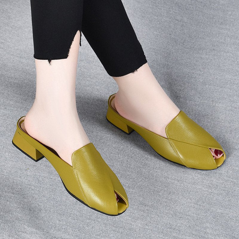 🌟🌟【35-40】2025 Jumătate de papuci peep-toe pantofi dama mocasin cu talpa moale toc gros