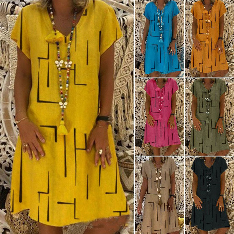 ⏰💥【Výprodej konce sezóny】👗【S-5XL】Nové bavlněné a lněné šaty s výstřihem do V s potiskem