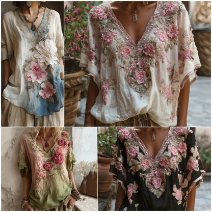 🌺【Omezená nabídka 】🔥Elegantní halenka s květinovým potiskem a hlubokým výstřihem do V 【S-4XL】