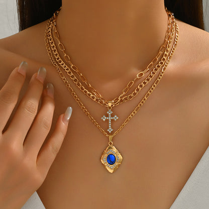 💥【Compra 1, llévate 1 gratis】【Conjunto de collar dorado de moda con detalles de lujo】Collar de piedras preciosas azules cuadradas Nuevo nicho