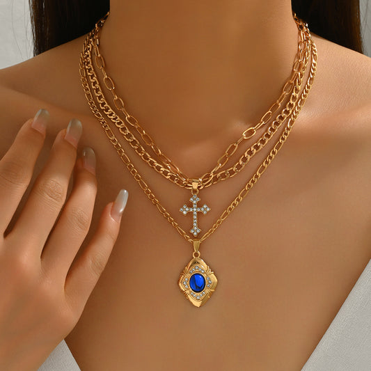 💥【Compra 1, llévate 1 gratis】【Conjunto de collar dorado de moda con detalles de lujo】Collar de piedras preciosas azules cuadradas Nuevo nicho