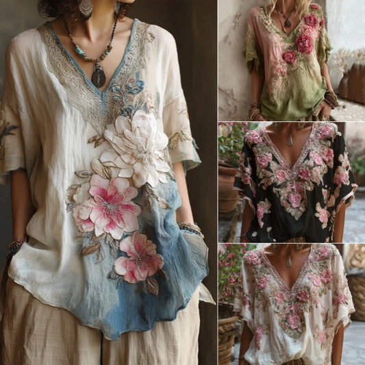 🌺【Omezená nabídka 】🔥Elegantní halenka s květinovým potiskem a hlubokým výstřihem do V 【S-4XL】