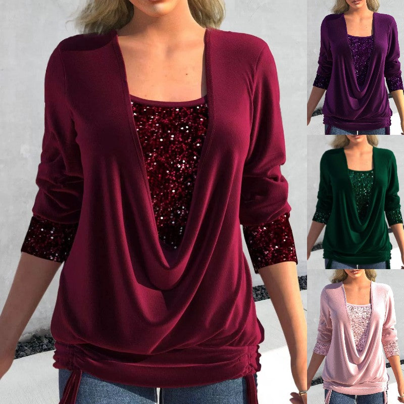 ✨【M–5XL】Nový flitrovaný dvoudílný top s dlouhými rukávy a kontrastním velkým límcem