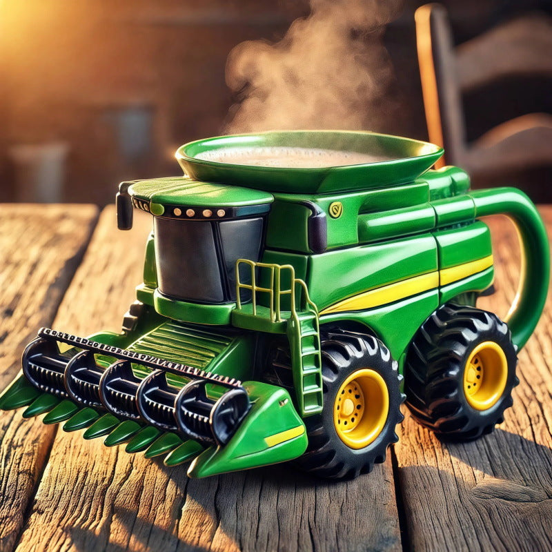 Taza de café retro con forma de tractor agrícola.