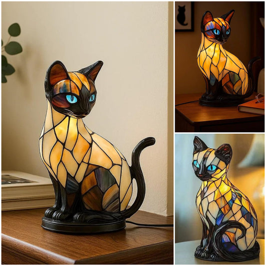 🐱Lámpara de mesa con forma de gato, lámpara de noche retro fabricada en resina de colores, con temática de gatos