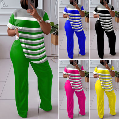 🌈😍【L-5XL】Nový dámský volný dvoudílný pruhovaný oblek (top + kraťasy)