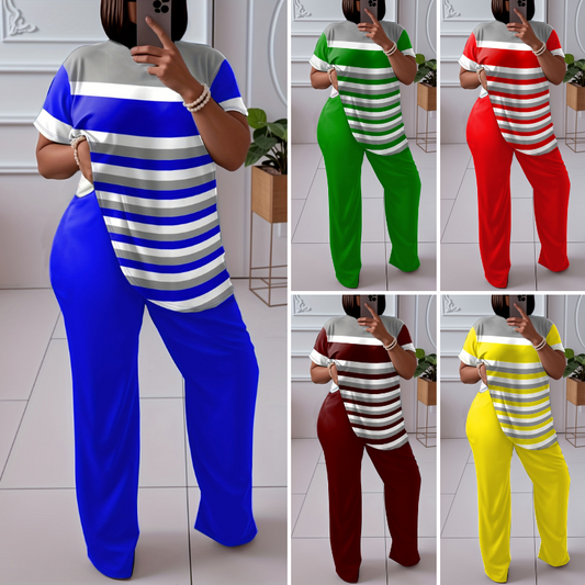 🌈😍【L-5XL】Nový dámský volný dvoudílný pruhovaný oblek (top + kraťasy)