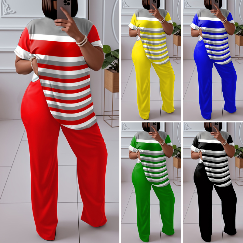 🌈😍【L-5XL】Nový dámský volný dvoudílný pruhovaný oblek (top + kraťasy)