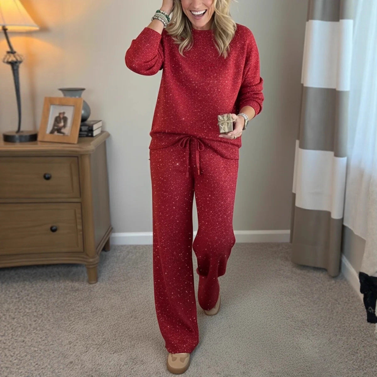 🎄🔥Nuevo conjunto de moda para mujer: Conjunto holgado de dos piezas con capucha navideña brillante