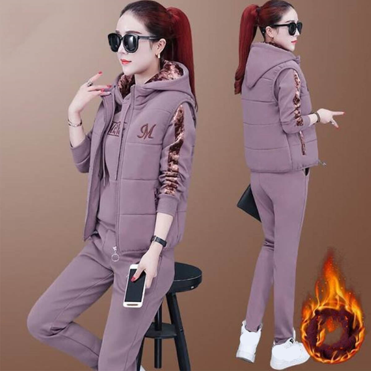 🔥【Панталон + суичър + жилетка】 Нов стил дамски топъл кадифен костюм за спорт и свободно време