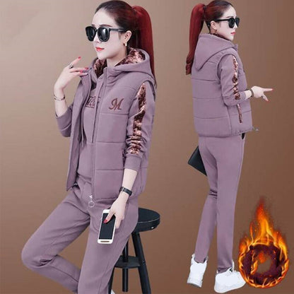 🔥【Панталон + суичър + жилетка】 Нов стил дамски топъл кадифен костюм за спорт и свободно време