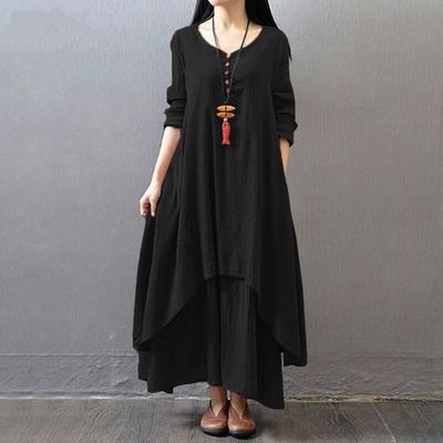 🔥👗【Prodává se horké】Nové lněné šaty z jara 2025 s dlouhým rukávem-3920797