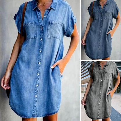 🔥【50% sleva】✨【Vysoce kvalitní sukně】😍【S-5XL】Džínové šaty s krátkým rukávem-3969896
