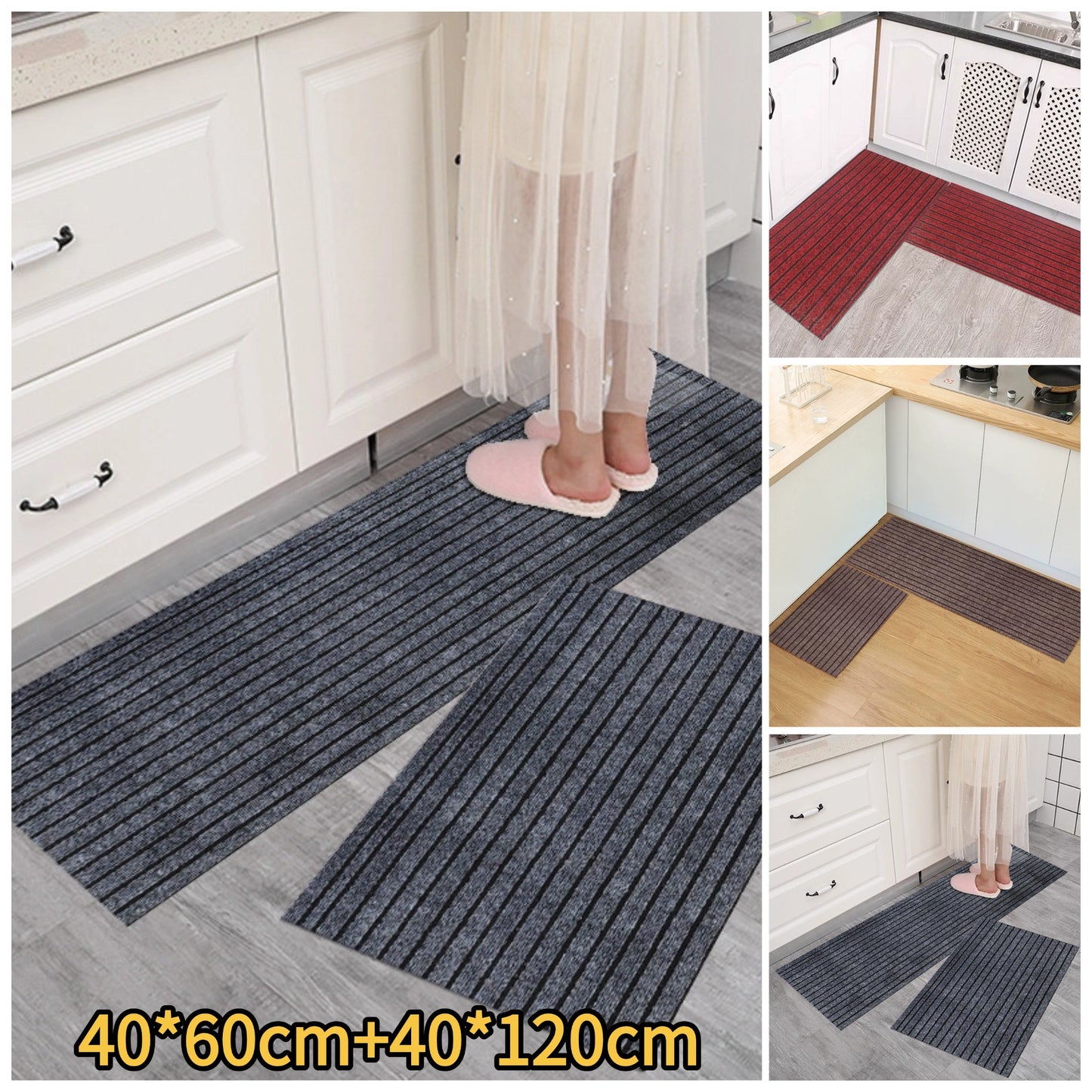 💥(40*60cm+40*120cm) Tapete de cocina con rayas antideslizantes que absorben agua y aceite.