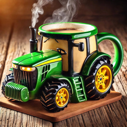 Taza de café retro con forma de tractor agrícola.