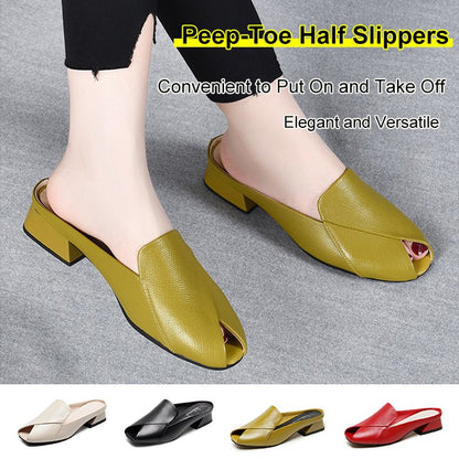 🌟🌟【35-40】2025 Jumătate de papuci peep-toe pantofi dama mocasin cu talpa moale toc gros
