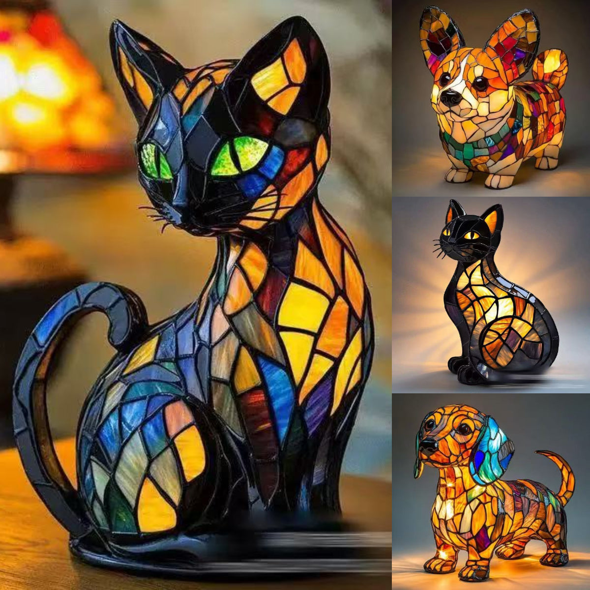 🐱🐶Okraski iz smole, LED nočna lučka, umetnost, živalski kip, kreativna dekoracija za pisarno, dom, stikalo z USB vtičnico