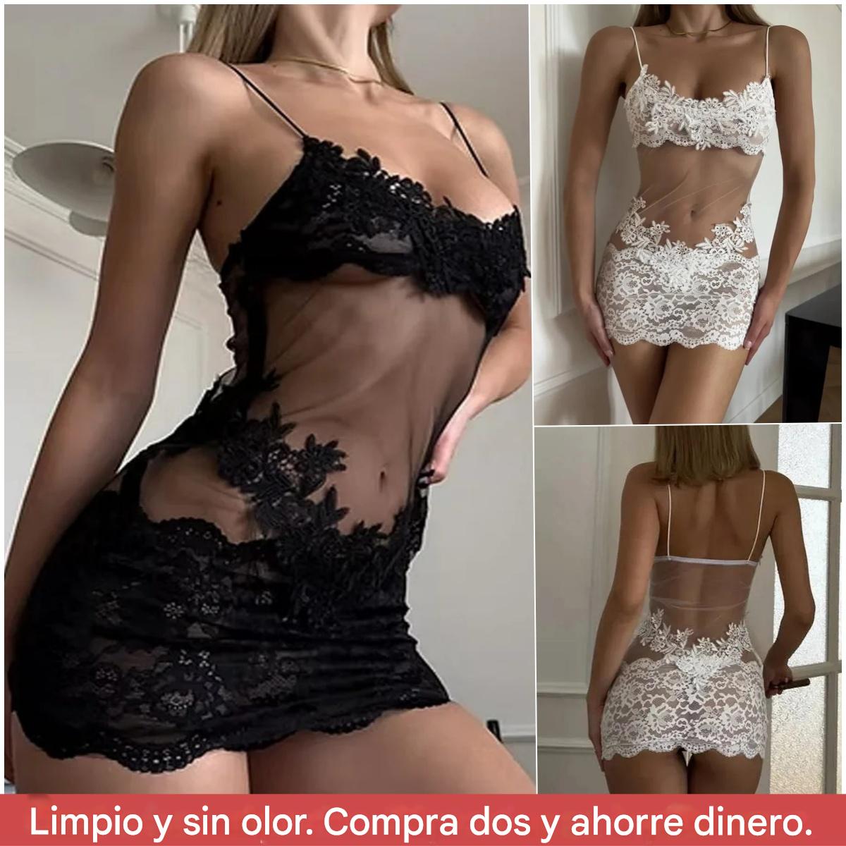 😍Vestido sexy, transparente, de malla con encaje bordado.