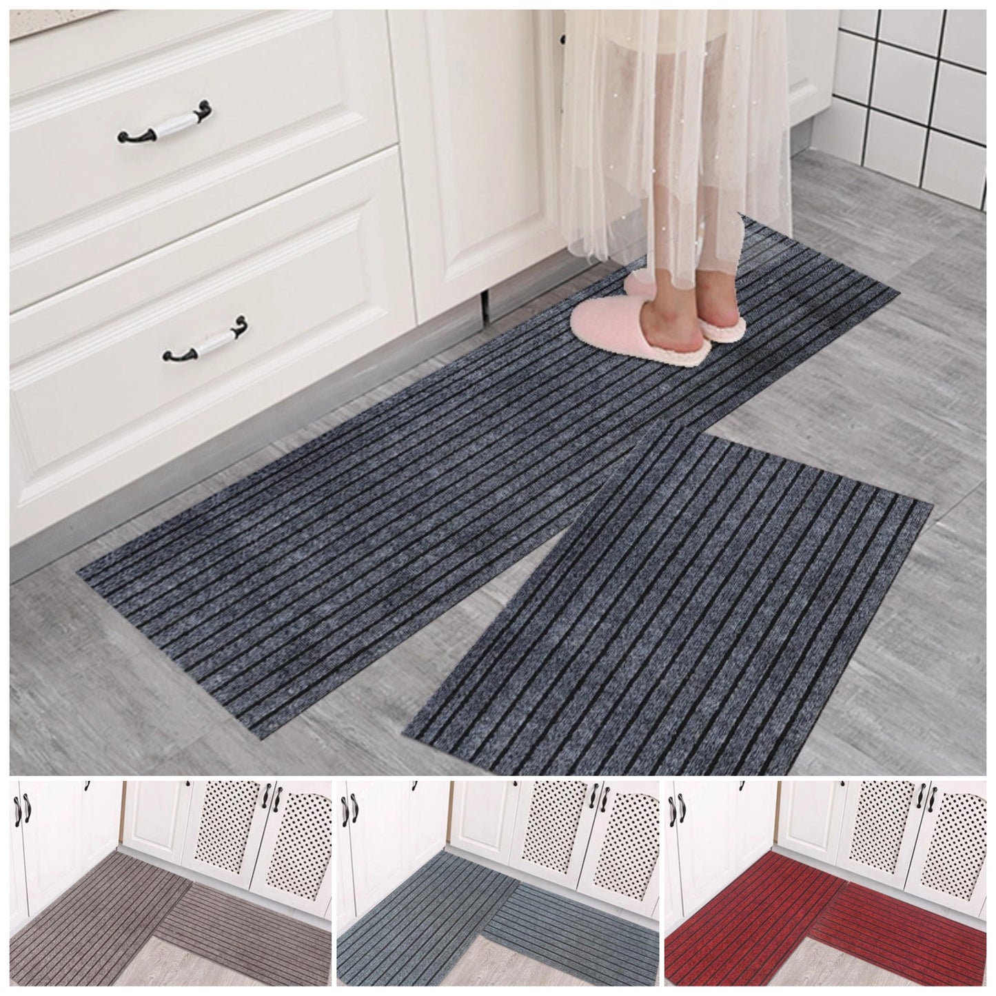 💥(40*60cm+40*120cm) Tapete de cocina con rayas antideslizantes que absorben agua y aceite.