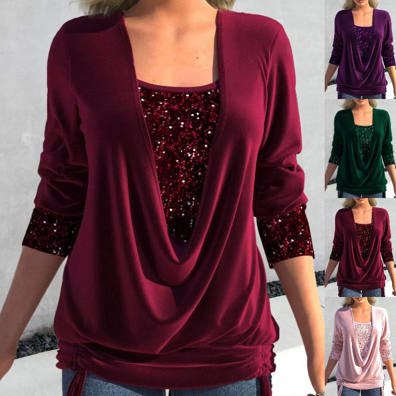 ✨【M–5XL】Nový flitrovaný dvoudílný top s dlouhými rukávy a kontrastním velkým límcem