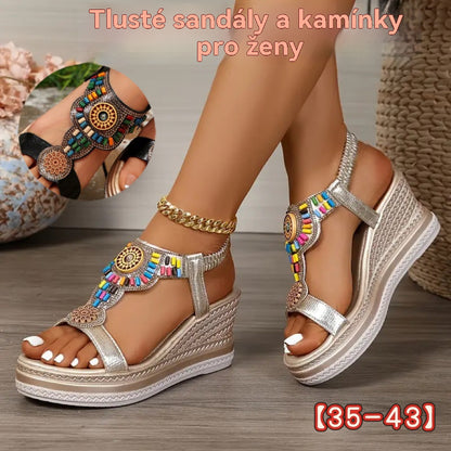💖【35-43】✨Dámské kožené sandály s tlustou podrážkou a gumičkou s korálky, léto 2025 🔥 Doprava zdarma. ✅ Platba při doručení