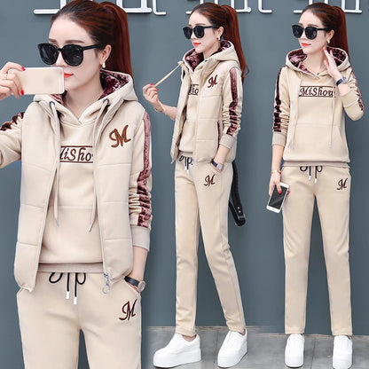 🔥【Панталон + суичър + жилетка】 Нов стил дамски топъл кадифен костюм за спорт и свободно време