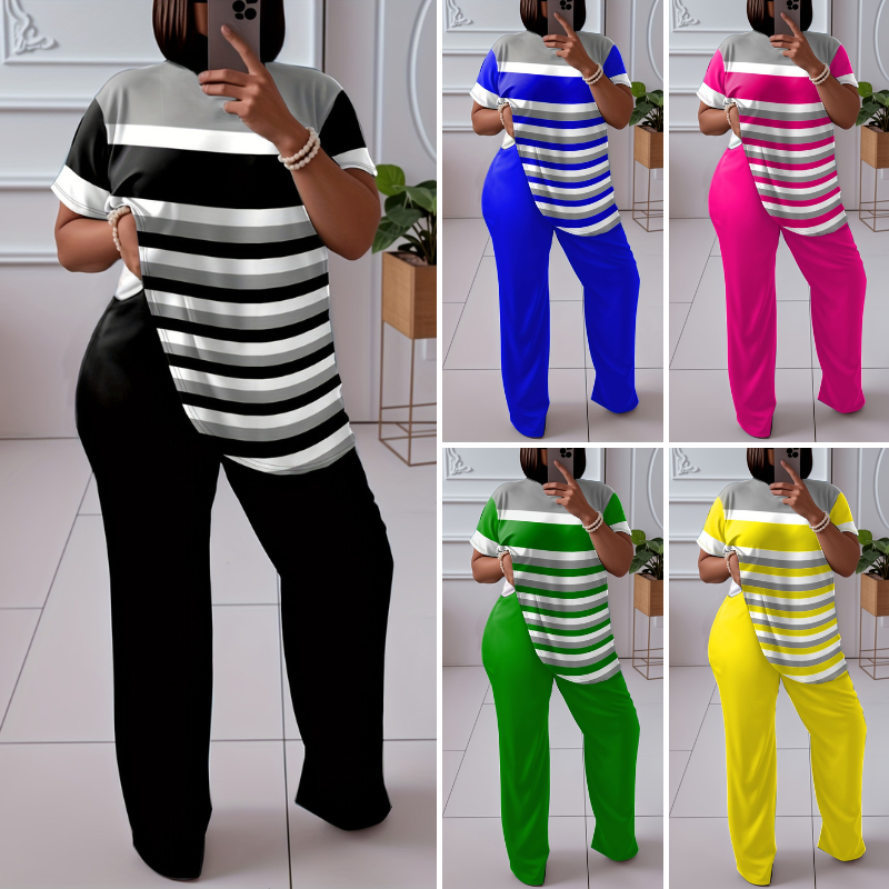 🌈😍【L-5XL】Nový dámský volný dvoudílný pruhovaný oblek (top + kraťasy)