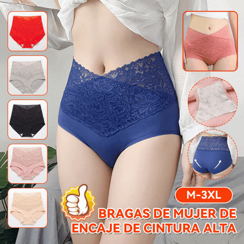 🔥【6 piezas】👙Bragas de cintura alta con encaje de algodón antibacteriano