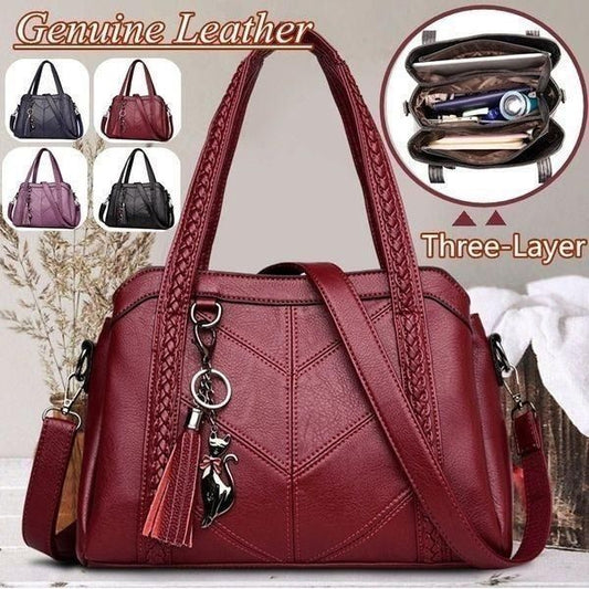 👜💟【50% ОТСТЪПКА】Мека кожена чанта, дамска чанта, голям капацитет, три отделения, водоустойчива и устойчива на надраскване