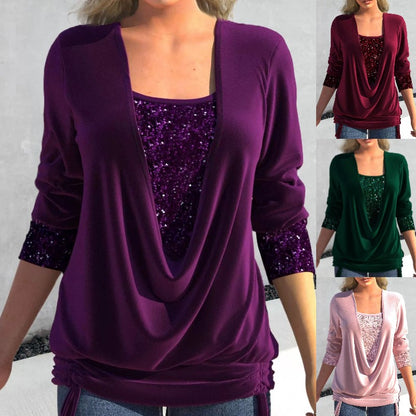 ✨【M–5XL】Nový flitrovaný dvoudílný top s dlouhými rukávy a kontrastním velkým límcem