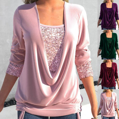 ✨【M–5XL】Nový flitrovaný dvoudílný top s dlouhými rukávy a kontrastním velkým límcem