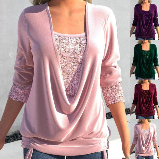 ✨【M–5XL】Nový flitrovaný dvoudílný top s dlouhými rukávy a kontrastním velkým límcem