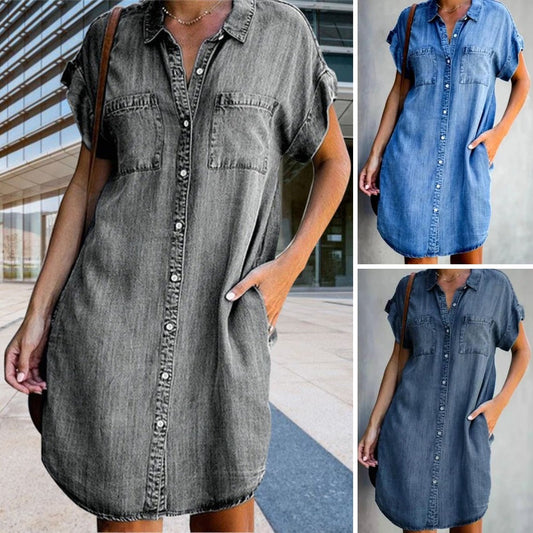🔥【50% sleva】✨【Vysoce kvalitní sukně】😍【S-5XL】Džínové šaty s krátkým rukávem-3969896