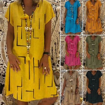 ⏰💥【Výprodej konce sezóny】👗【S-5XL】Nové bavlněné a lněné šaty s výstřihem do V s potiskem